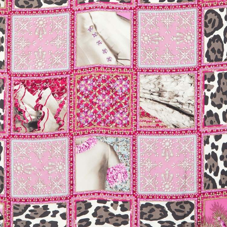 Pre Owned Dior Pink Jewel & Animal Grid Print Silk Scarf