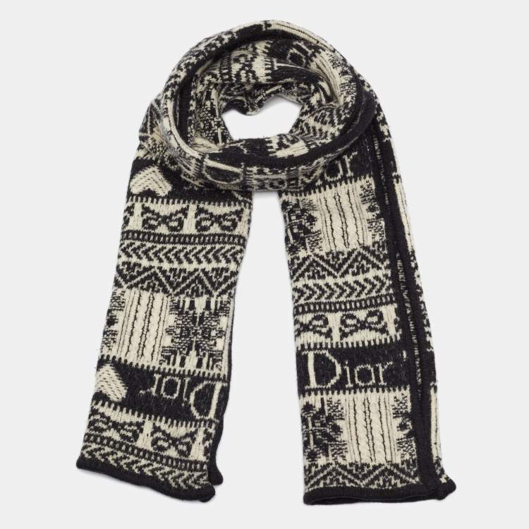 Pre Owned Dior Monochrome Patterned Knit Wool Scarf