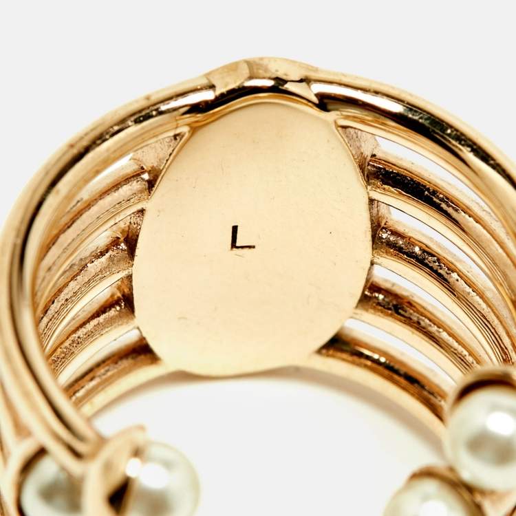 مملوكة مسبقًا Dior Diorific Faux Pearl Gold Tone Open Cuff Ring Size L