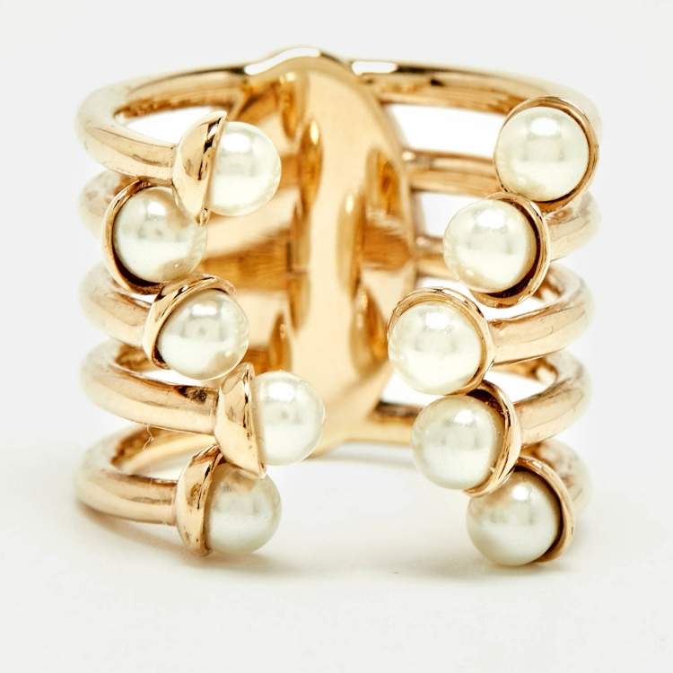 مملوكة مسبقًا Dior Diorific Faux Pearl Gold Tone Open Cuff Ring Size L
