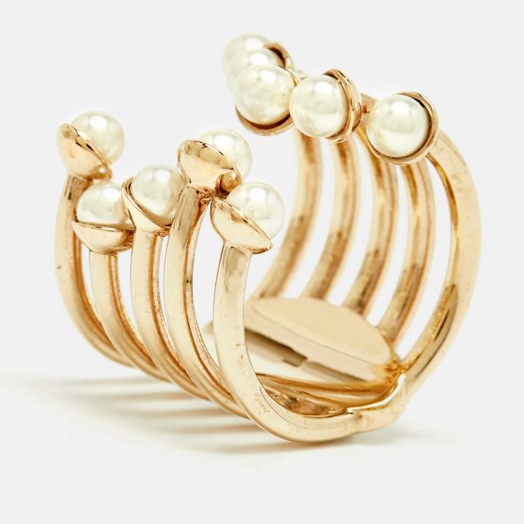 مملوكة مسبقًا Dior Diorific Faux Pearl Gold Tone Open Cuff Ring Size L