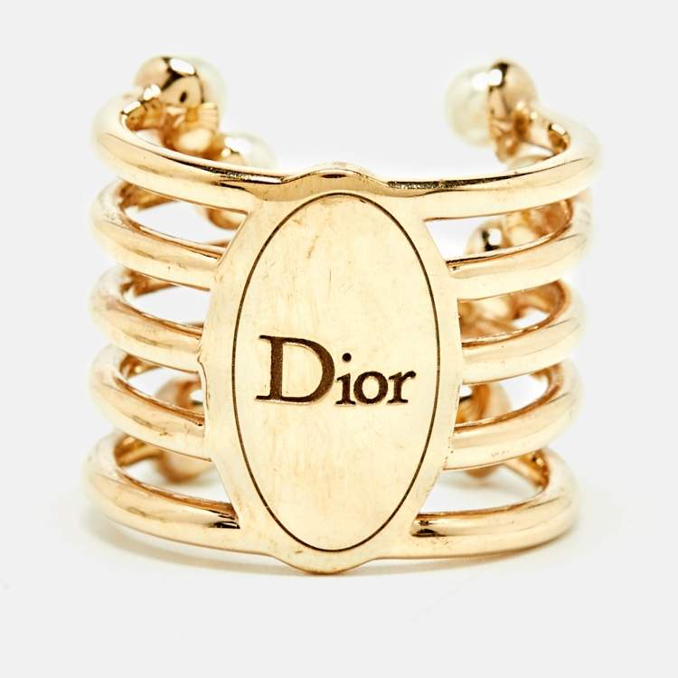 مملوكة مسبقًا Dior Diorific Faux Pearl Gold Tone Open Cuff Ring Size L