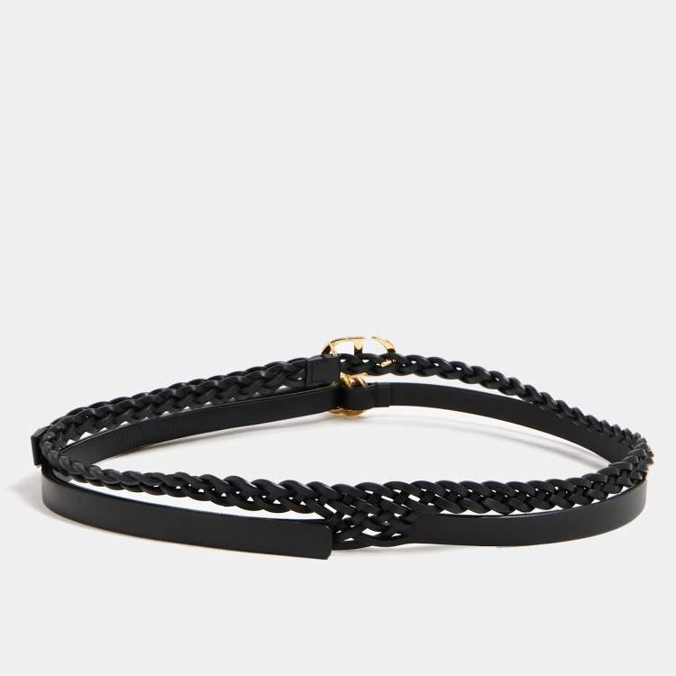 Pre Owned Dior Black Leather CD Double Braided Buckle Belt 80CM