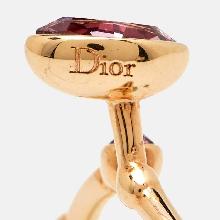 Pre Owned Dior Pink Crystal Gold Tone Ring Size EU 50
