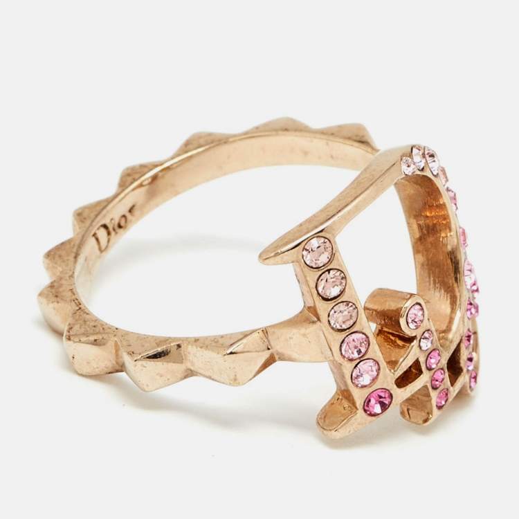 Pre Owned Dior Oblique Logo Crystal Studded Gold Tone Ring Size EU 54