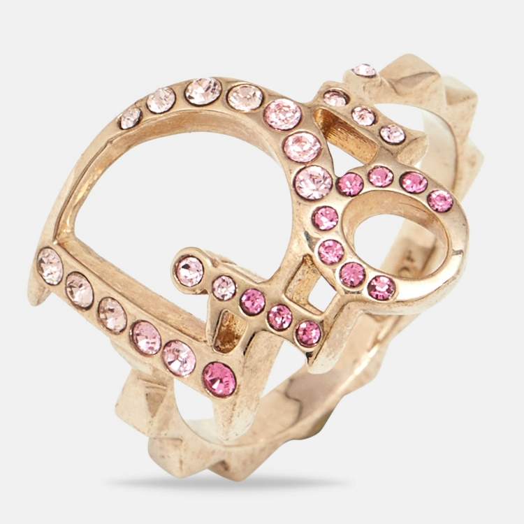 Pre Owned Dior Oblique Logo Crystal Studded Gold Tone Ring Size EU 54