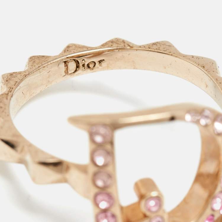 Pre Owned Dior Oblique Logo Crystal Studded Gold Tone Ring Size EU 54