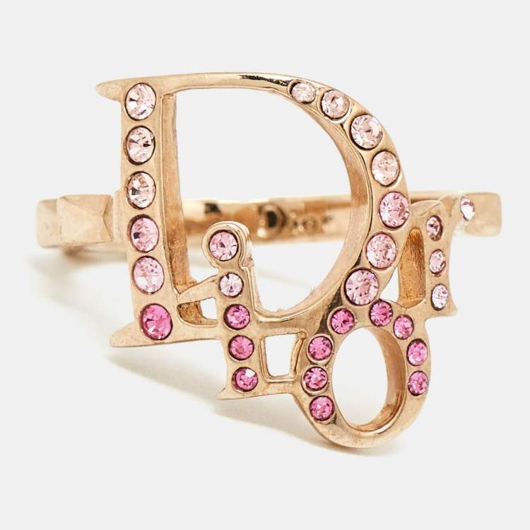 Pre Owned Dior Oblique Logo Crystal Studded Gold Tone Ring Size EU 54