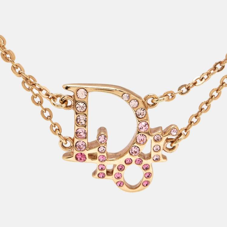 Pre Owned Dior Oblique Charm Crystal Studded Gold Tone Double Chain Bracelet