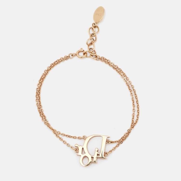 Pre Owned Dior Oblique Charm Crystal Studded Gold Tone Double Chain Bracelet