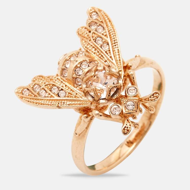 Pre Owned Dior Bee Crystals Gold Tone Ring Size 53