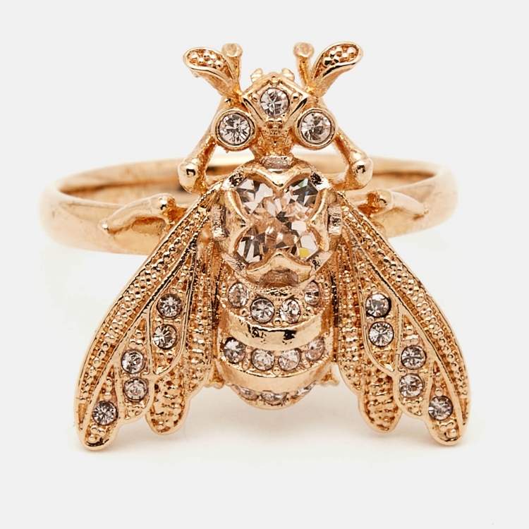Pre Owned Dior Bee Crystals Gold Tone Ring Size 53