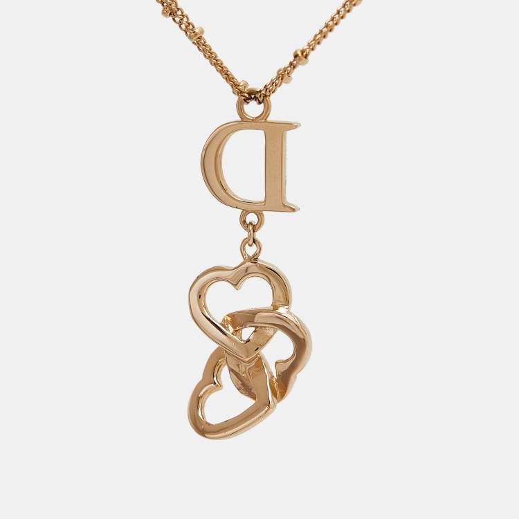 Pre Owned Dior Crystal Heart  Gold Tone Pendant Necklace