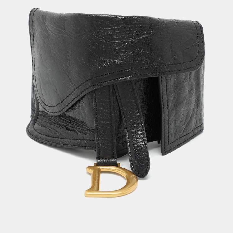 Pre Owned Dior Black Crinkled Leather and Elastic Saddle Belt 90 CM