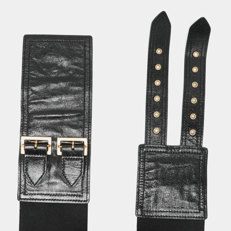 Pre Owned Dior Black Crinkled Leather and Elastic Saddle Belt 90 CM