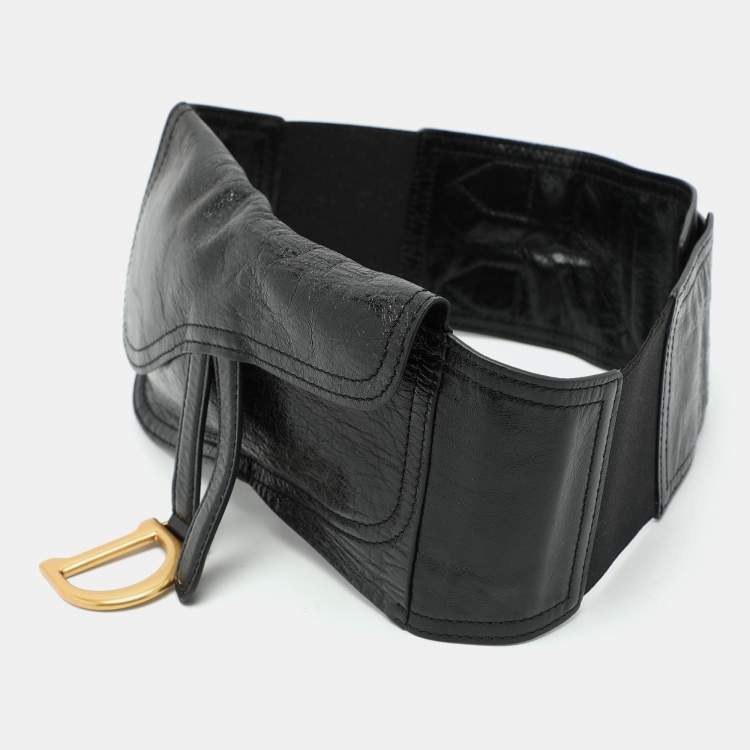 Pre Owned Dior Black Crinkled Leather and Elastic Saddle Belt 90 CM