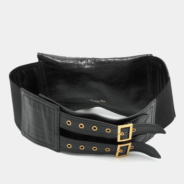 Pre Owned Dior Black Crinkled Leather and Elastic Saddle Belt 90 CM