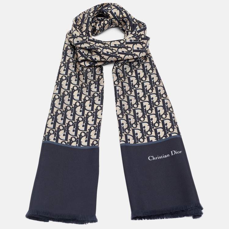 Pre Owned Dior Navy Blue Oblique Print Silk Stole 