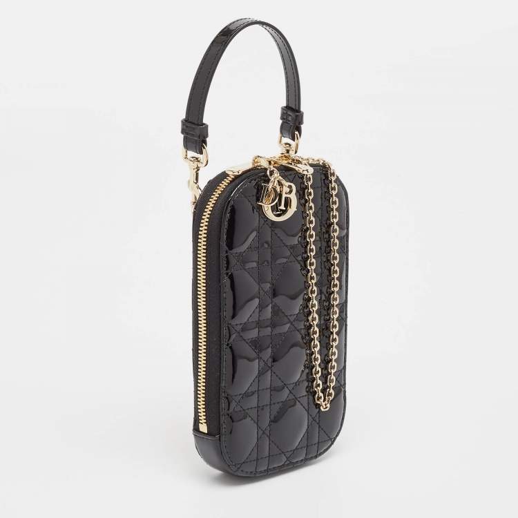 Pre Owned Dior Black Cannage Patent Leather Call'in Chain Phone Holder 