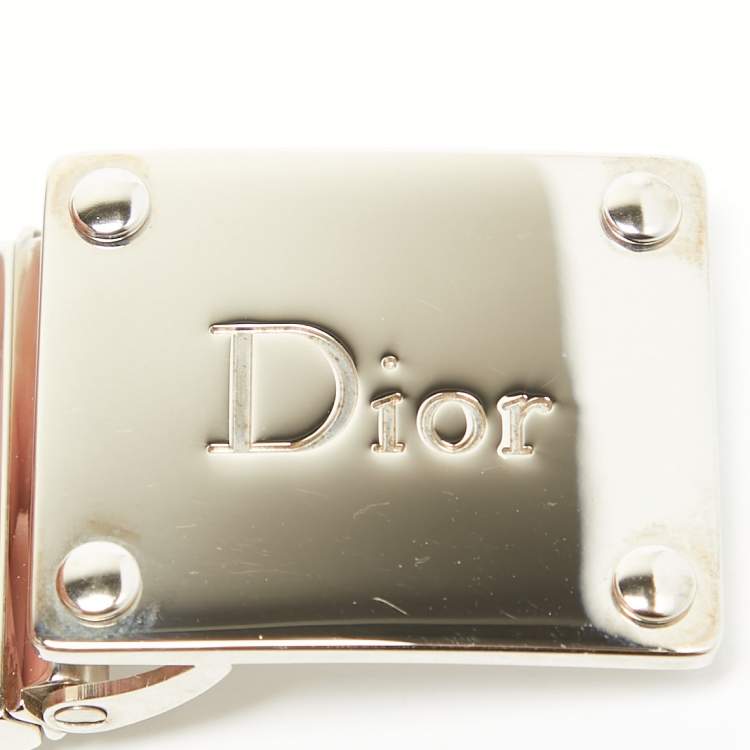 Pre Owned Dior Beige/White Oblique Canvas and Leather Logo Plague Reversible Belt 85CM