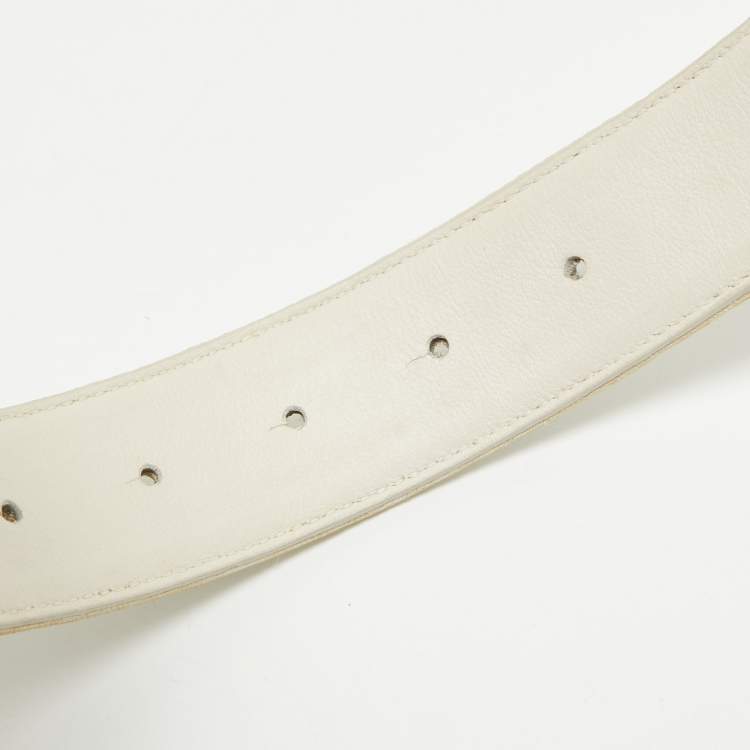 Pre Owned Dior Beige/White Oblique Canvas and Leather Logo Plague Reversible Belt 85CM
