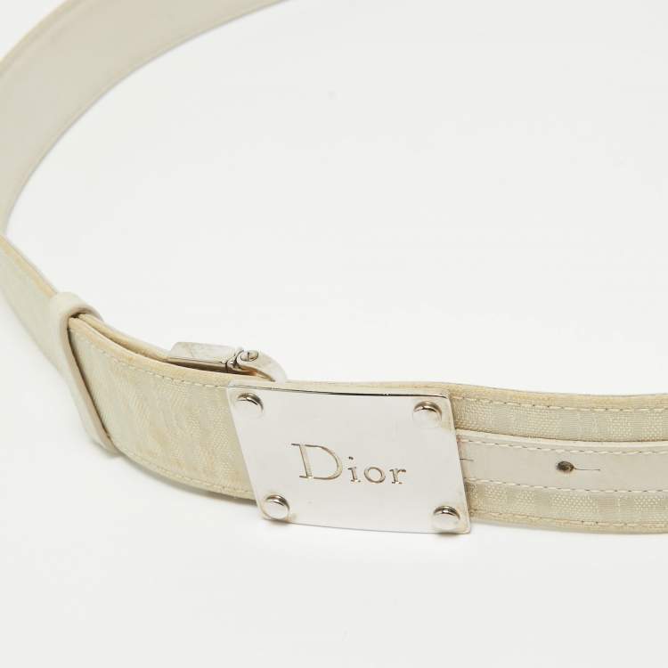 Pre Owned Dior Beige/White Oblique Canvas and Leather Logo Plague Reversible Belt 85CM