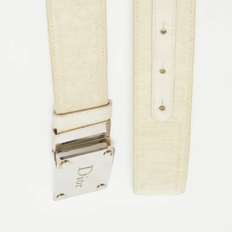 Pre Owned Dior Beige/White Oblique Canvas and Leather Logo Plague Reversible Belt 85CM