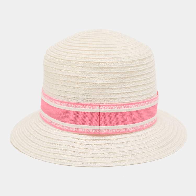 Pre Owned Dior Ivory/Pink Logo Detail Hemp Straw Dioresort Hat Size 58