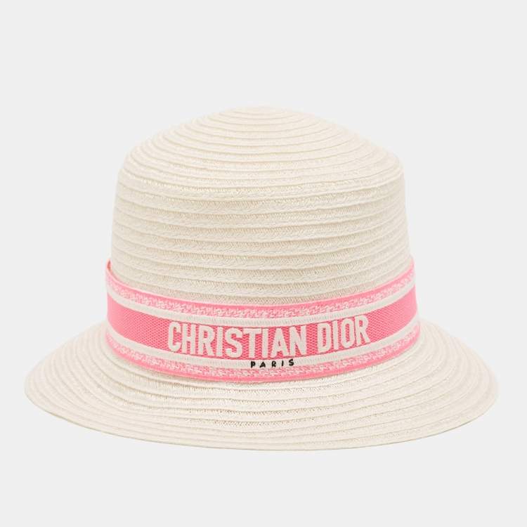Pre Owned Dior Ivory/Pink Logo Detail Hemp Straw Dioresort Hat Size 58