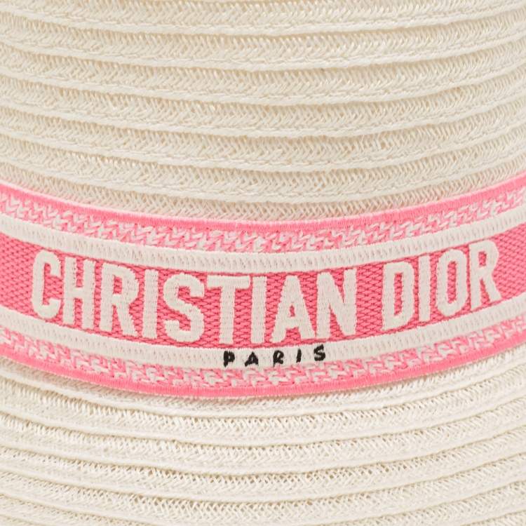 Pre Owned Dior Ivory/Pink Logo Detail Hemp Straw Dioresort Hat Size 58