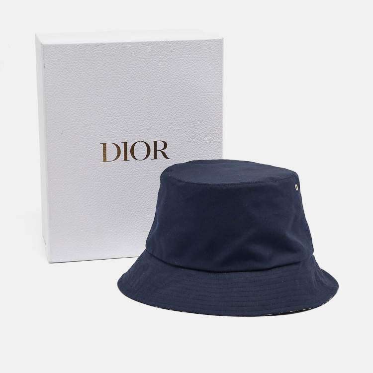Pre Owned Dior Navy Blue Oblique Teddy-D Brim Cotton Blend Reversible Bucket Hat