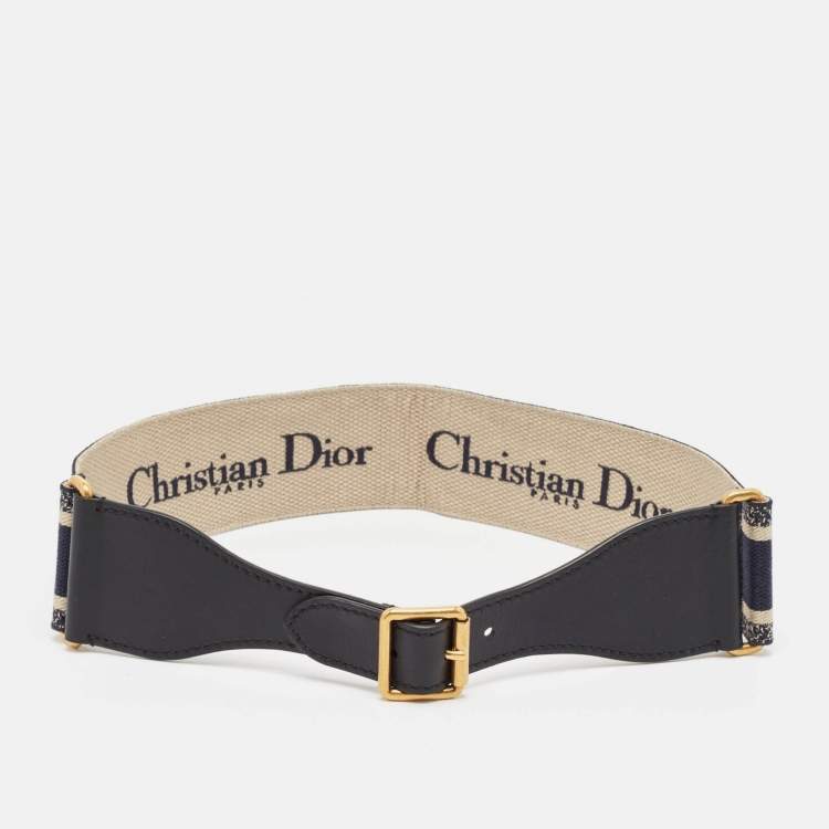 مملوكة مسبقًا Dior Navy Blue Embroidered Canvas and Leather Buckle Waist Belt 80CM