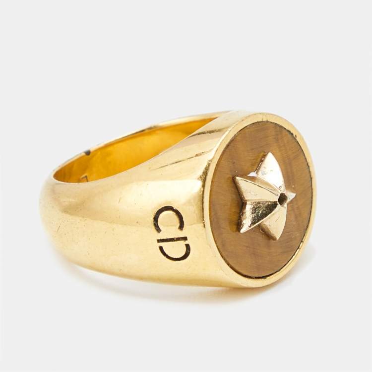 Pre Owned Dior CD Tigers Eye Gold Tone Ring Size 53