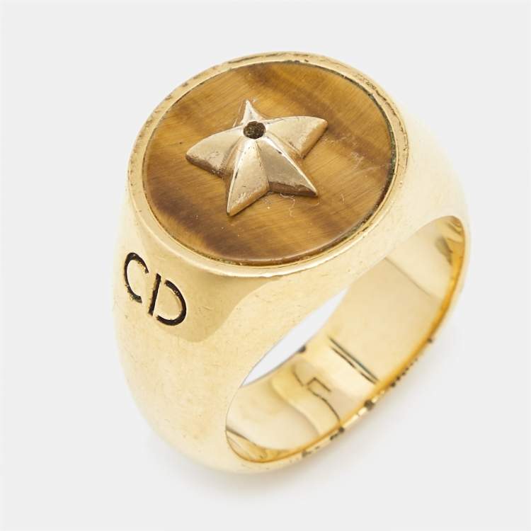 Pre Owned Dior CD Tigers Eye Gold Tone Ring Size 53