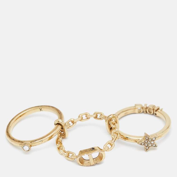 Pre Owned Dior CD Crystals Gold Tone Logo Triple Ring Size 54