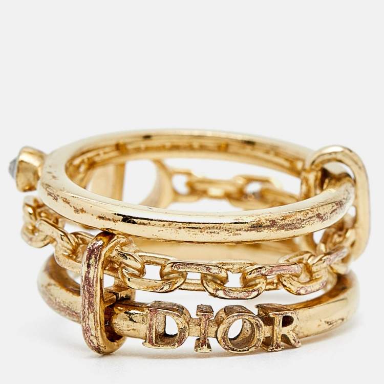 Pre Owned Dior CD Crystals Gold Tone Logo Triple Ring Size 54