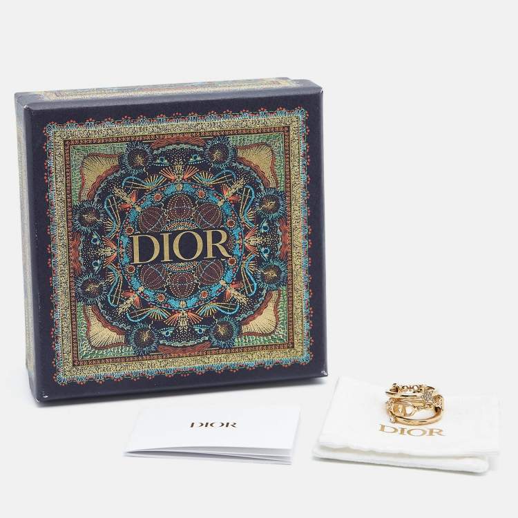 Pre Owned Dior CD Crystals Gold Tone Logo Triple Ring Size 54