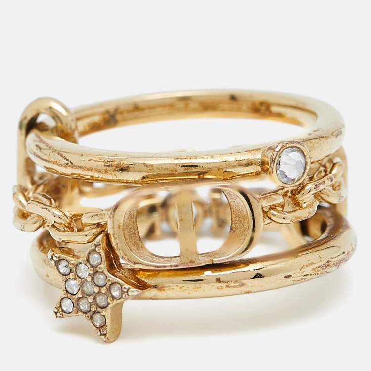 Pre Owned Dior CD Crystals Gold Tone Logo Triple Ring Size 54