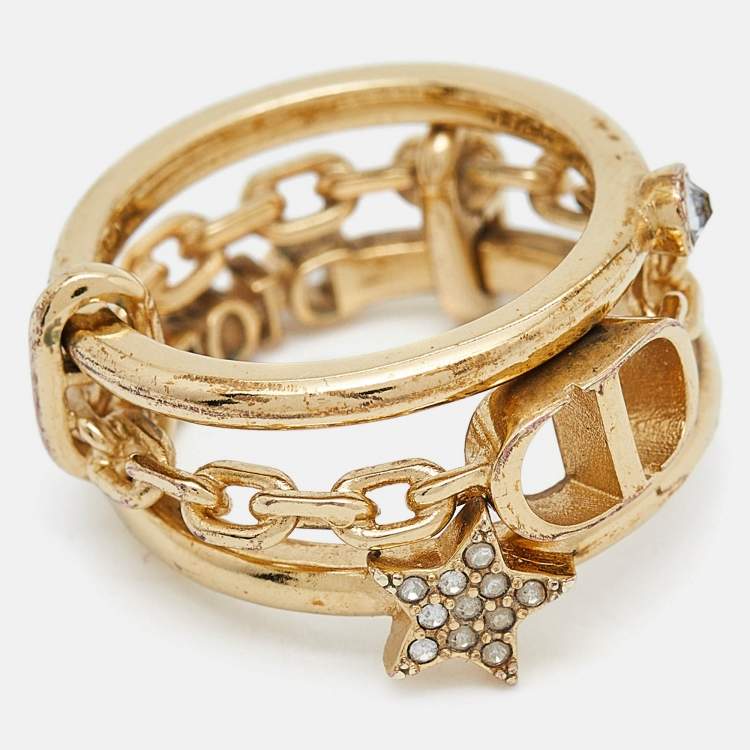 Pre Owned Dior CD Crystals Gold Tone Logo Triple Ring Size 54