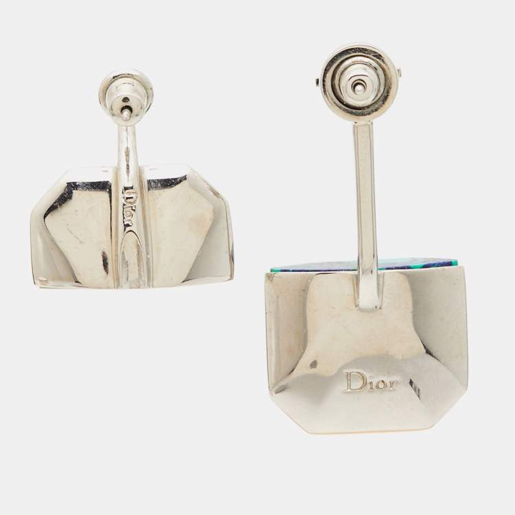 Pre Owned Dior Asymmetrical Crystal Resin Silver Tone Earrings