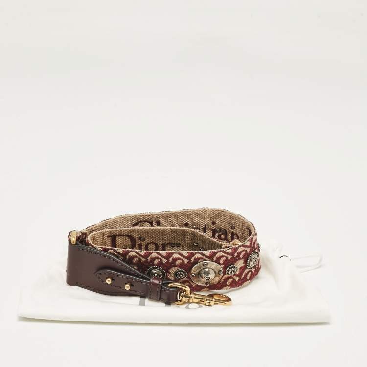 Pre Owned Dior Burgundy/Beige Oblique Canvas and Leather Studded Shoulder Bag Strap