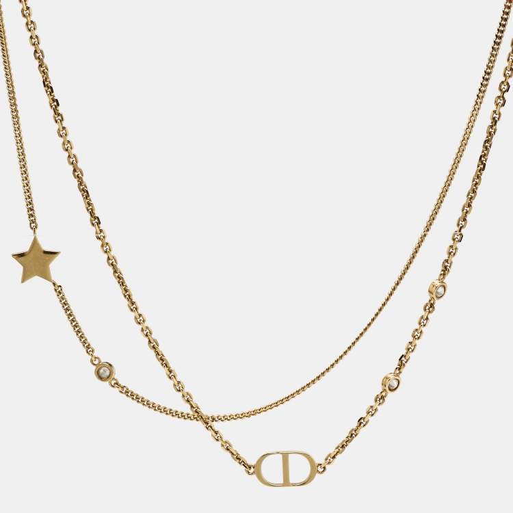 Pre Owned Dior Petit CD Crystals Gold Tone Double Strand Necklace