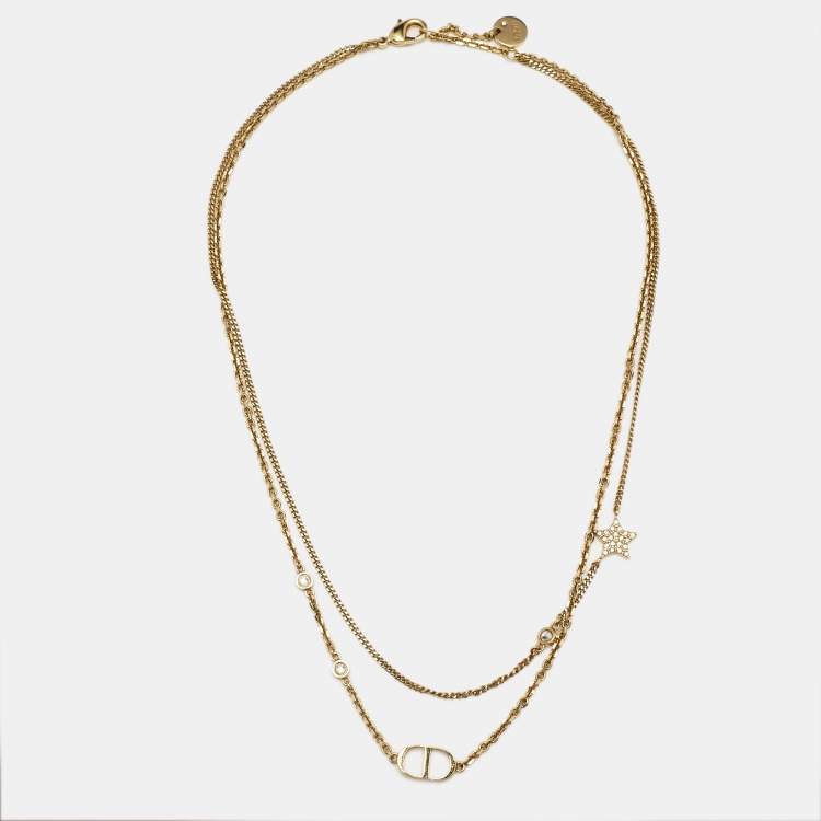Pre Owned Dior Petit CD Crystals Gold Tone Double Strand Necklace