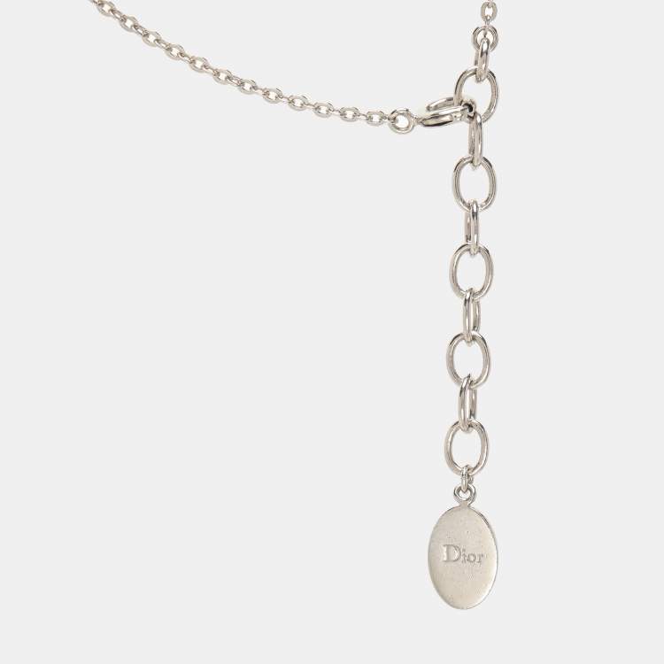 Pre Owned Dior Silver Tone Crystal Accented Logo Pendant Necklace