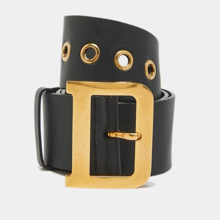 Pre Owned Dior Black Leather Diorquake Buckle Wide Belt 80CM