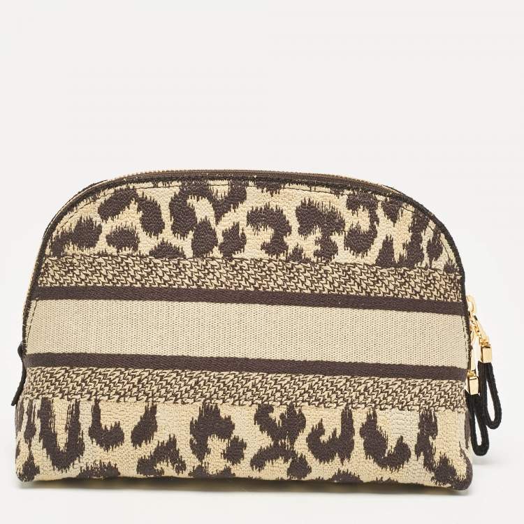 Pre Owned Dior Beige/Black Leopard Print Canvas Cosmetic Pouch