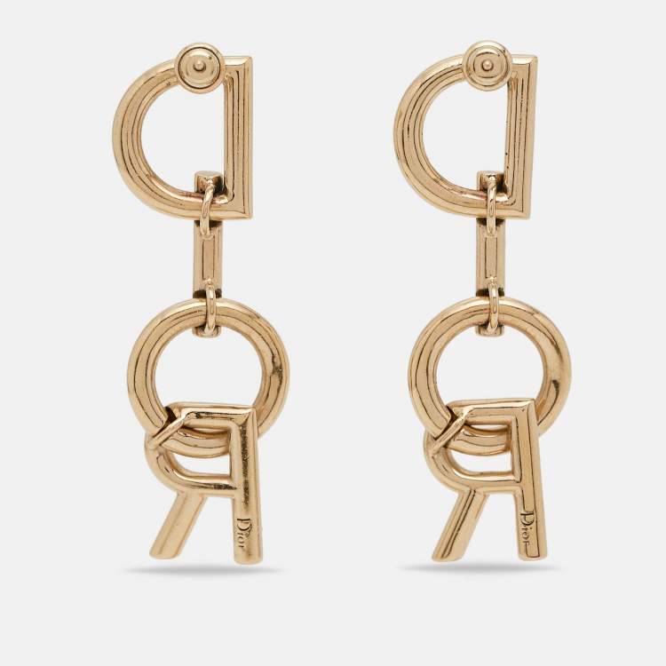 Pre Owned Dior Vertical Logo Gold Tone Drop Earrings 