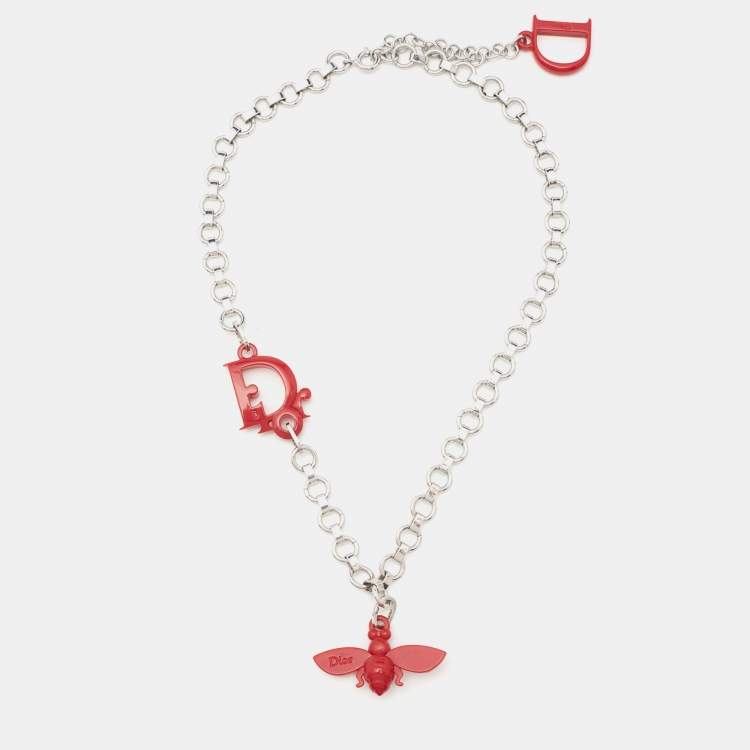 Pre Owned Dior Bee Logo Resin Silver Tone Necklace