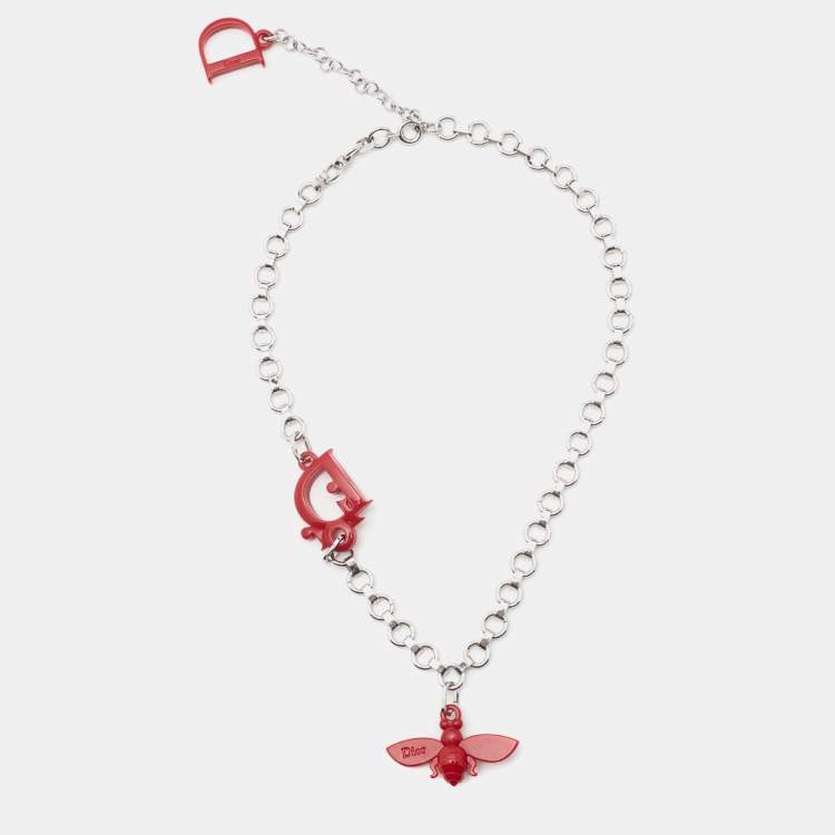 Pre Owned Dior Bee Logo Resin Silver Tone Necklace