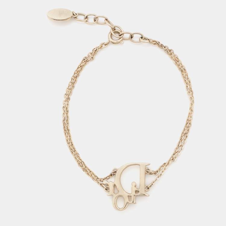 Pre Owned Dior Oblique Charm Crystals Gold Tone Double Chain Bracelet